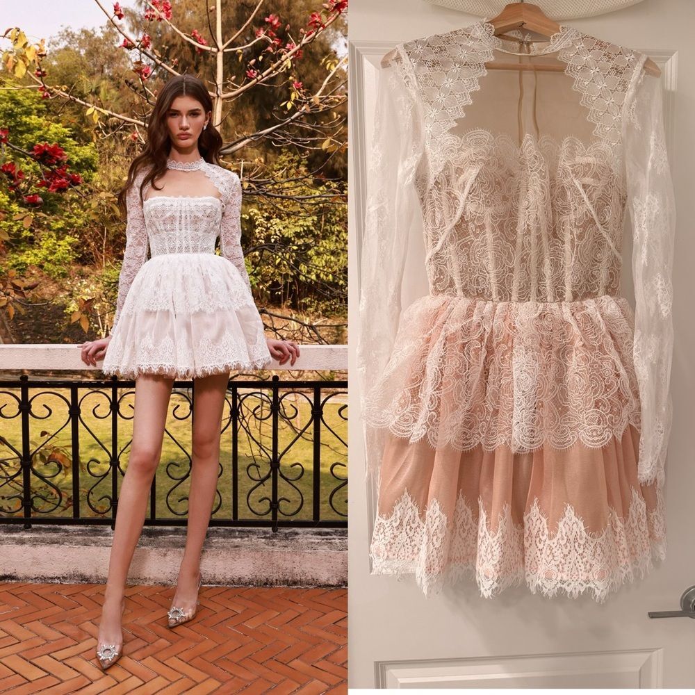 NWOT BRONX AND BANCO Daphne Ivory blush Long Sleeve Mini Bridal Dress, M - Picture 2 of 16